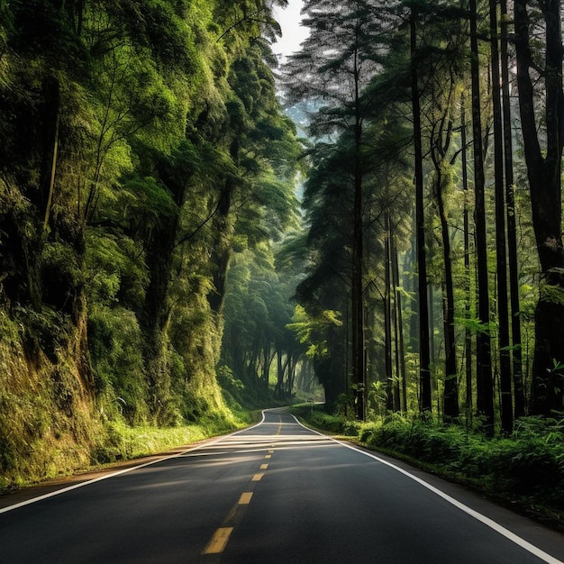 une route avec une voiture qui traverse une forêt