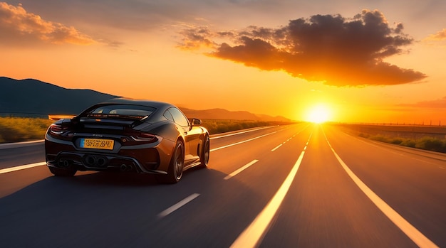 Route de voiture de sport noire au coucher du soleil