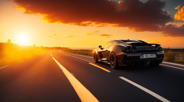 Route de voiture de sport noire au coucher du soleil