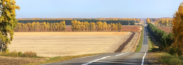 Route de vue d'automne parmi le panorama de champs et de forêts