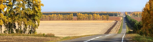 Photo route de vue d'automne parmi le panorama de champs et de forêts