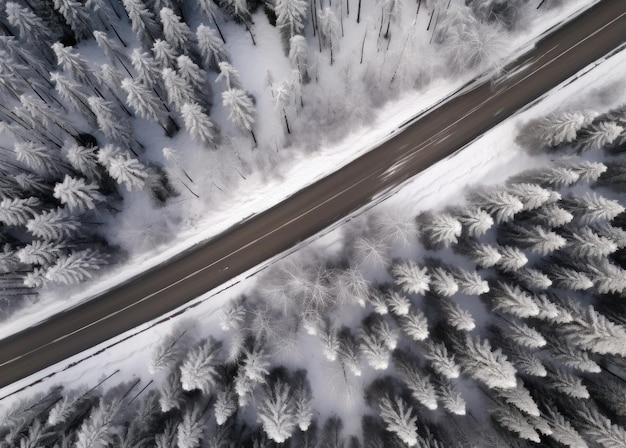 une des routes dans une zone boisée en hiver