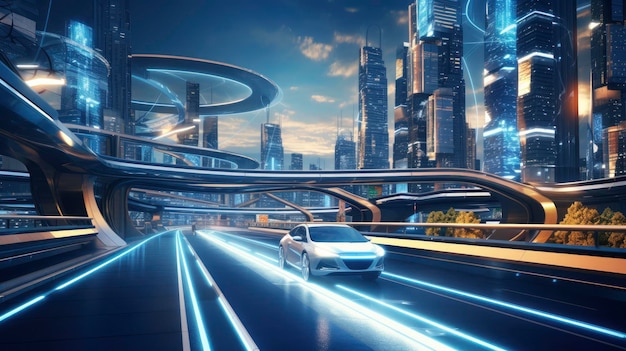 Des routes intelligentes, des technologies avancées, des infrastructures connectées innovantes, une gestion du trafic, des transports futuristes créés avec la technologie d'intelligence artificielle générative.