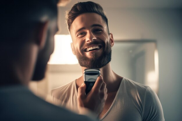 Photo routine de soins de la barbe hommes barbus tiennent une tondeuse démontrant leur expertise dans le rasage