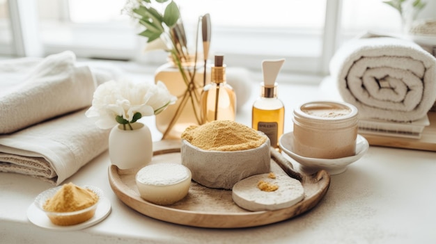 Une routine de soins personnels avec des produits de beauté naturels générés par l'IA