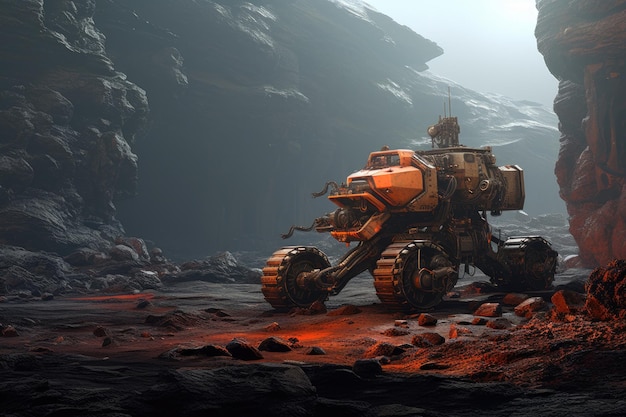 Un rover robotique explore le terrain ressemblant à celui de Mars