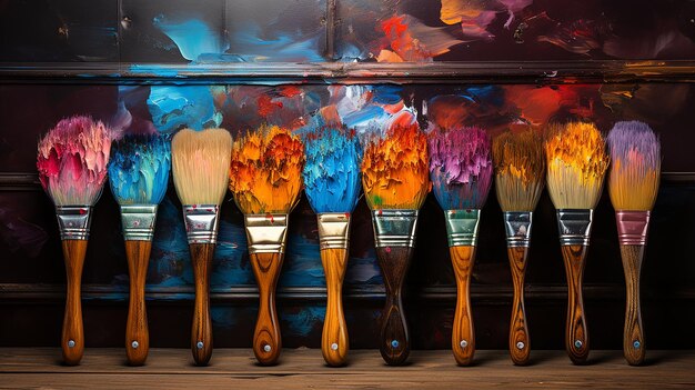 Photo row_of_artist_paintbrushes_closeup_on_artistic_woode