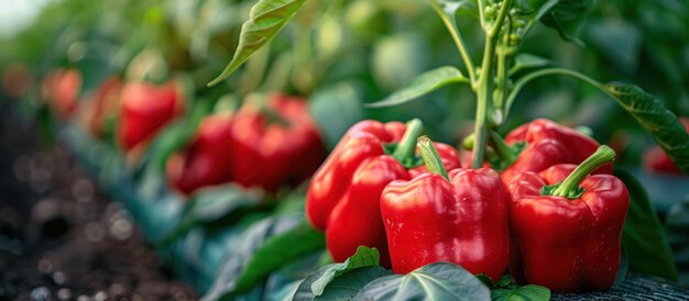 Photo row of red peppers in garden