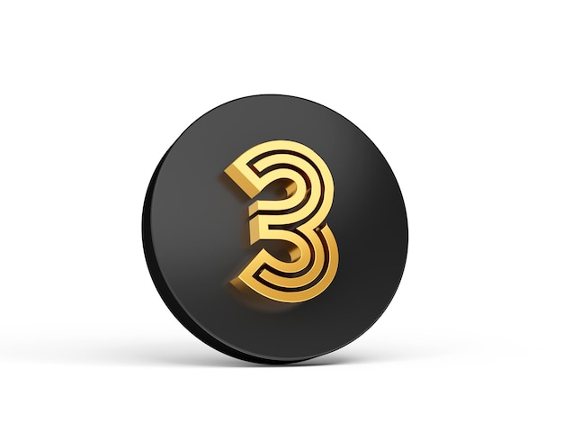 Royal Gold Modern Font Elite Chiffre 3D Lettre 3 trois sur l'icône du bouton 3d noir Illustration 3d