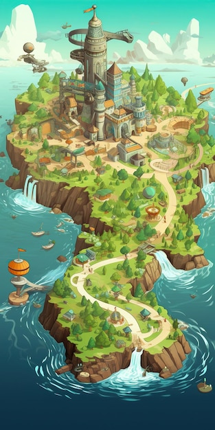 Le royaume enchanté Une île fantastique avec des châteaux majestueux et des chutes d'eau
