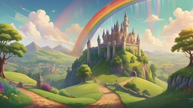 Un royaume magique avec un grand château et un arc-en-ciel