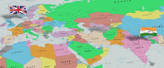 Le Royaume-Uni et l'Inde apposent des drapeaux sur la carte politique illustration 3D