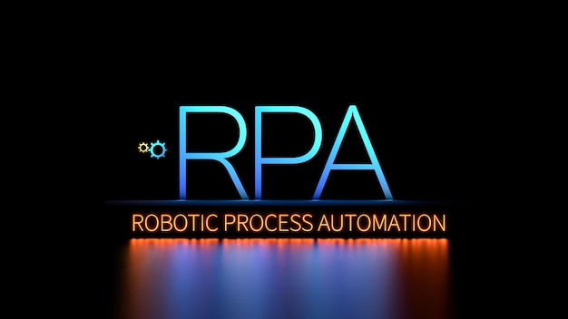 RPA.Robotic Process Automation.Neon concept de technologie d'automatisation des processus métier. Rendu 3D.