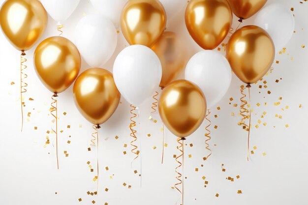 Ruban de confettis de ballons 3d dorés avec anniversaire et anniversaire festif sur fond blanc