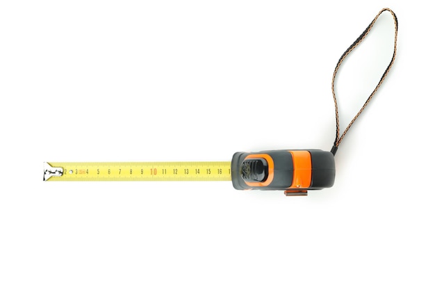 Photo ruban à mesurer isolé sur fond blanc, vue de dessus
