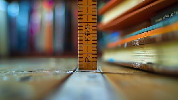 Photo le ruban à mesurer jaune se trouve entre la table en bois et une pile de vieux livres en arrière-plan.