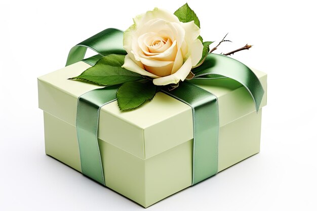 Ruban rose et vert dans une boîte cadeau isolée sur blanc