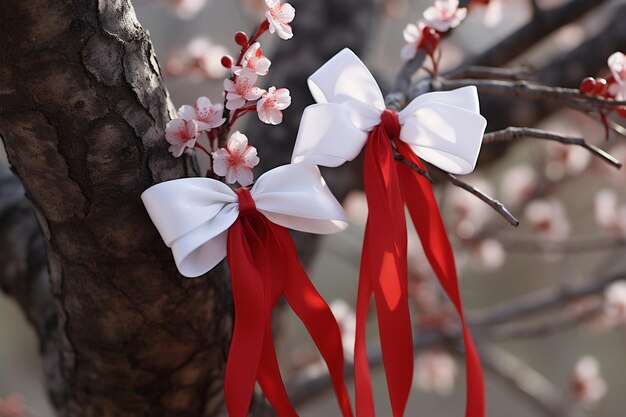 Un ruban rouge sur une branche d'un arbre en fleurs avec des fleurs blanches