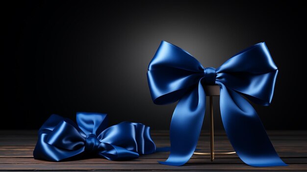 Photo un ruban de satin bleu brillant sur fond noir est l'élément d'emballage du cadeau de noël, de la saint-valentin et de l'anniversaire.