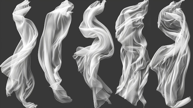Un ruban de soie blanc et un tissu de satin dans un nuage de fumée dans un ensemble moderne et réaliste de vêtements de velours ondulés un foulard ou une cape dans un vent en mouvement un drap textile blanc de luxe un tissu coulant isolé sur