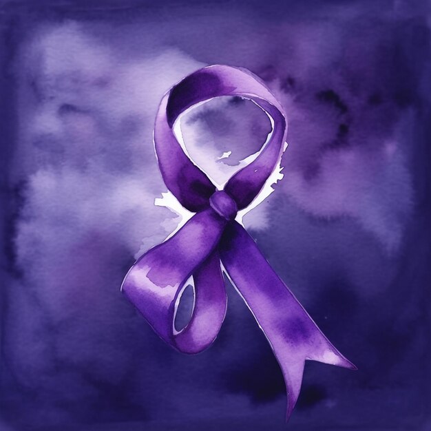 un ruban violet avec un ruban violet dessus est sur un fond violet.