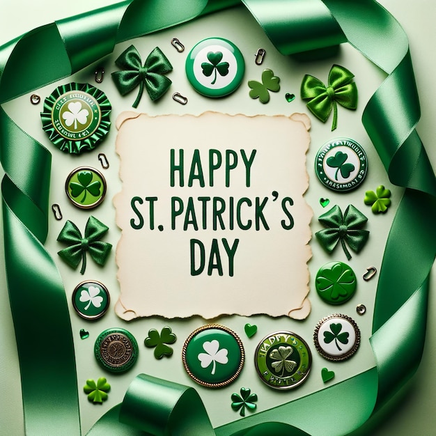 Rubans verts et badges de St Patrick, zone centrale à plat pour les célébrations festives