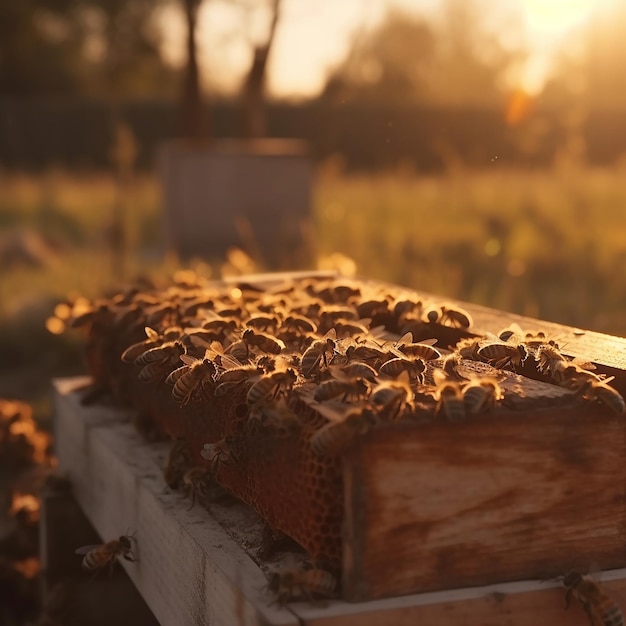 Une ruche avec des abeilles dessus au soleil