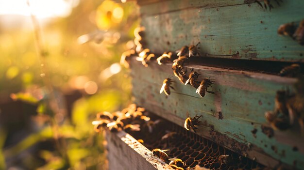 Photo ruche en bois et abeilles