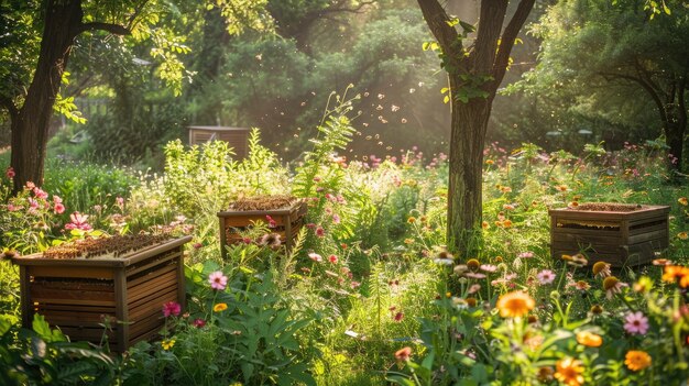 Photo une ruche nichée dans un jardin luxuriant des ruches bien disposées parmi des fleurs colorées