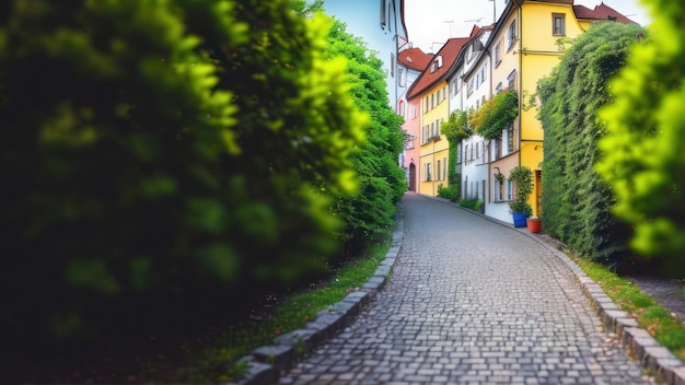 Une rue en Allemagne avec une maison jaune et un panneau qui dit "le mot" dessus.