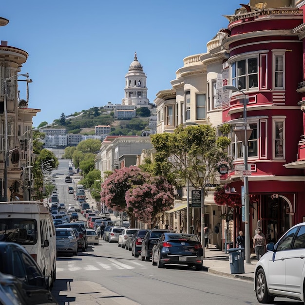 Une rue animée bordée de grands bâtiments de style renaissance de San Francisco