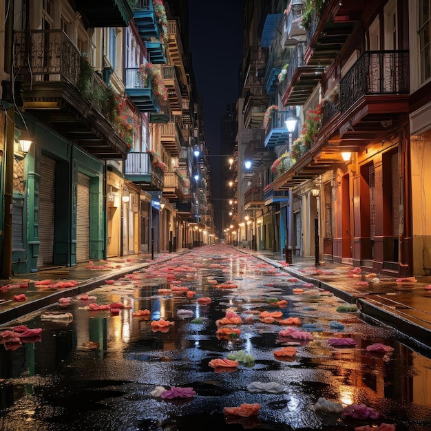 Une rue animée couverte de pluie avec des éléments floraux