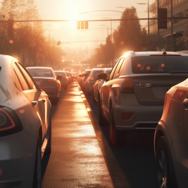 Rue animée dans une ville ensoleillée avec embouteillage créé à l'aide de la technologie générative ai