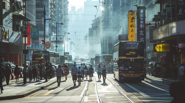 Photo une rue animée à hong kong avec des gens qui traversent la route et des bus à deux étages qui passent.