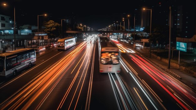 Une rue animée avec des lumières allumées et un bus sur la droite