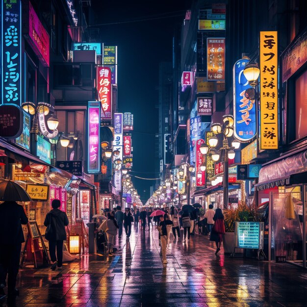 Une rue animée à Séoul avec des néons vibrants et des foules de gens