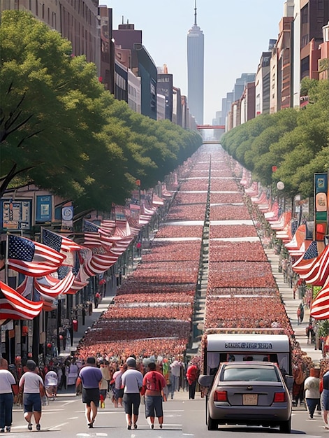 Une rue animée de la ville le jour de la fête du Travail