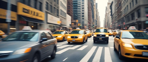 Une rue animée de la ville avec des taxis jaunes qui traversent l'intersection.