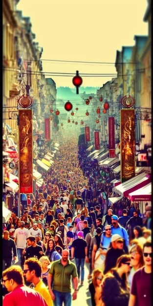 Photo rue araffe remplie de gens et de boutiques de lanternes suspendues au plafond générative ai