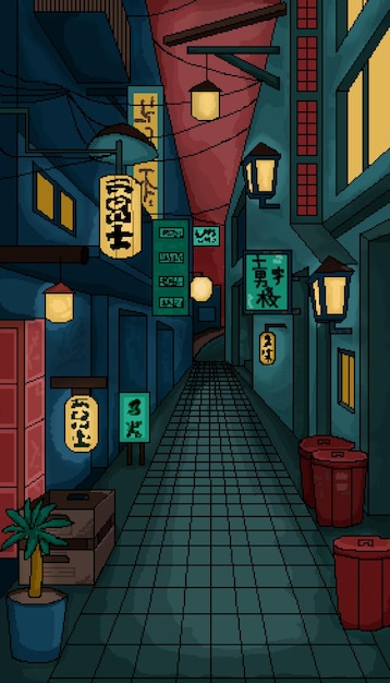 Une rue asiatique du soir avec des lanternes