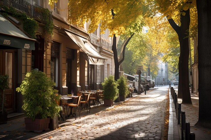 Photo une rue à l'automne avec un café au premier plan et un arbre aux feuilles jaunes.