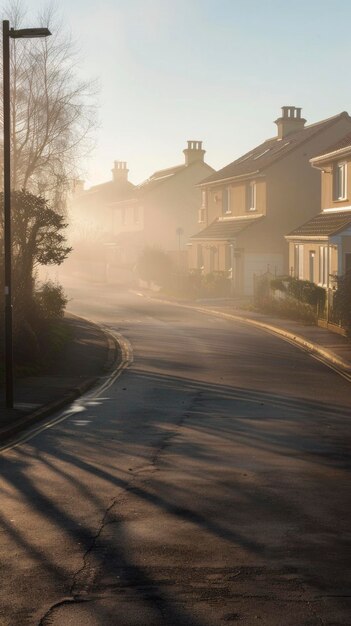 Une rue de banlieue tranquille au lever du soleil avec de la brume et une lumière douce