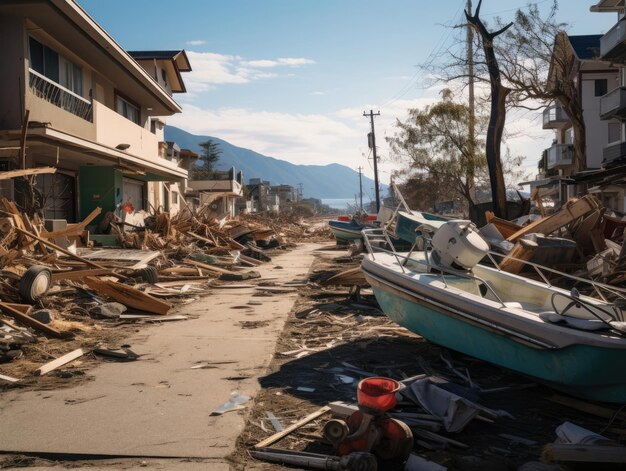 une rue avec un bateau et un tas de débris dessus