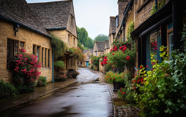 Photo une rue avec un bâtiment en brique et un panneau disant le nom de la ville