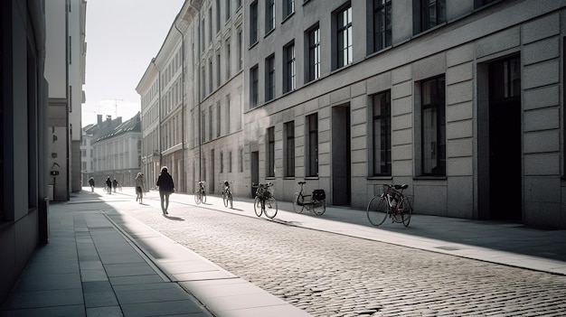 Une rue avec un bâtiment et une personne qui marche dessus