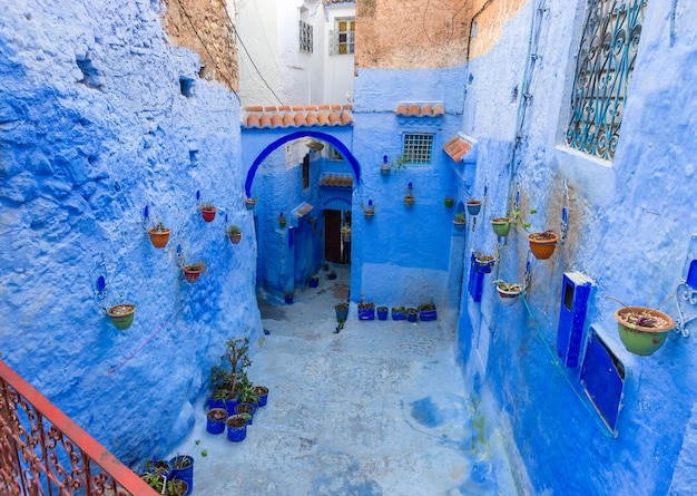 Rue bleue avec des pots de couleur à Chefchaouen