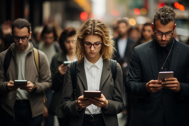 Une rue bondée, tout le monde absorbé par ses téléphones, inconscient de l'environnement.