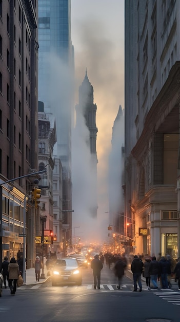 Rue bondée de ville avec smog et trafic