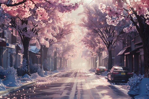 Photo une rue bordée de cerisiers en fleurs