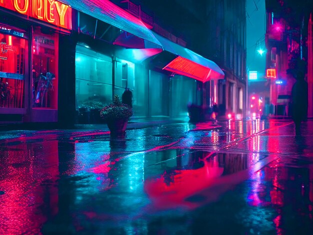 rue brumeuse lumières au néon photoréalistes peaux de compteur de pluie